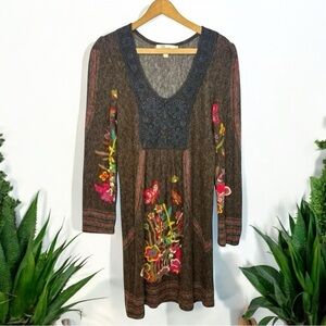 ARYEH Boho Artsy Peasant Floral Print Lace Crochet Mixed Media Long Sleeve Dress